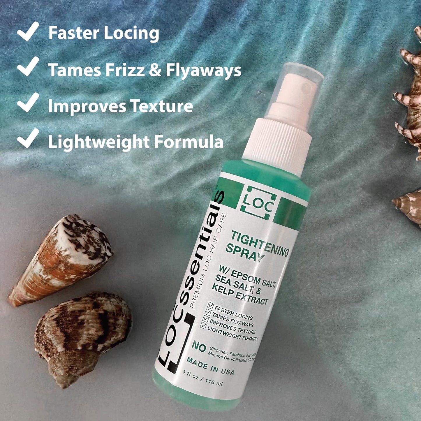 Loc spray benefits: faster locking, tames frizz and flyaways, improves texture, lightweight formula.