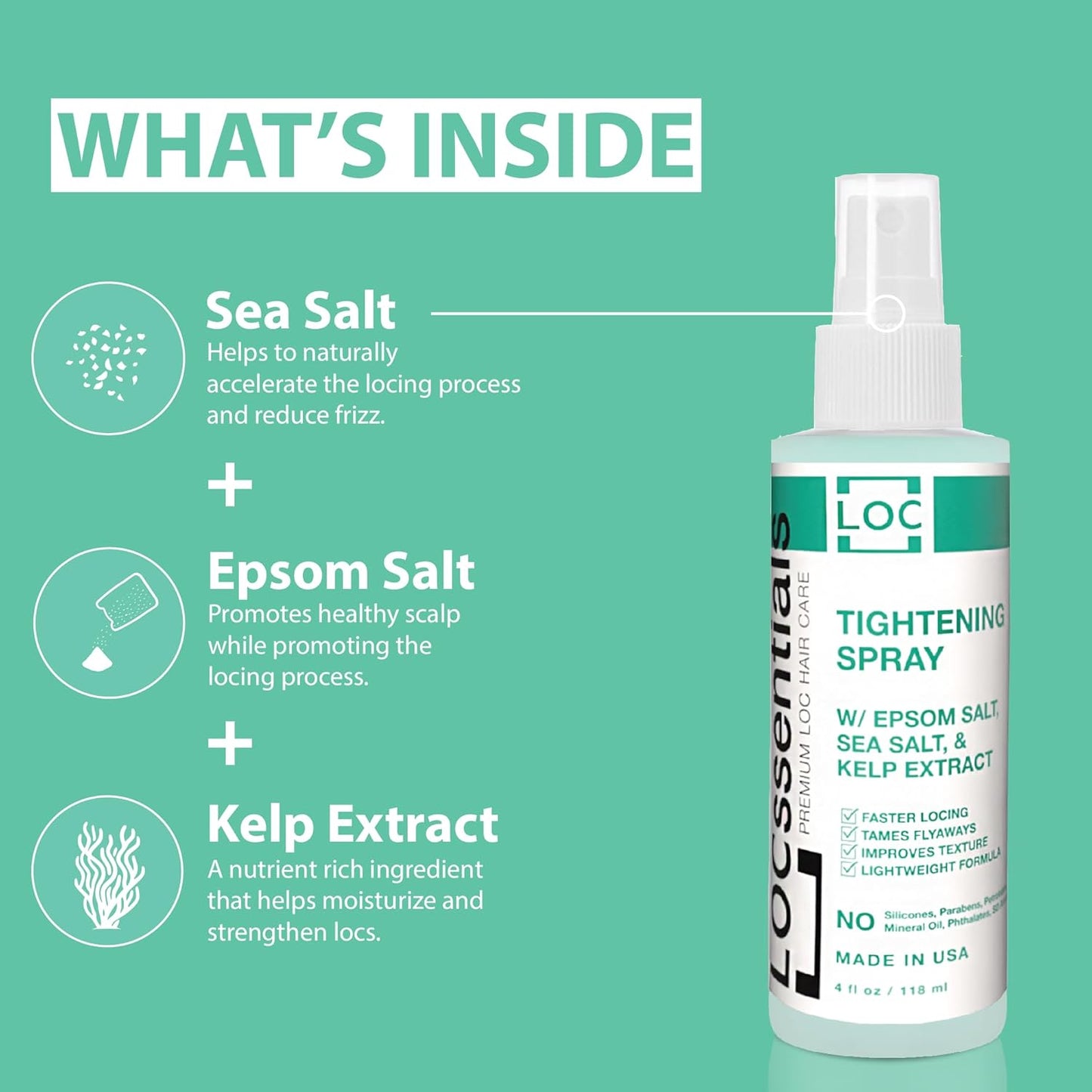 Key ingredients graphic for braid spray: sea salt, epsom salt, kelp extract.