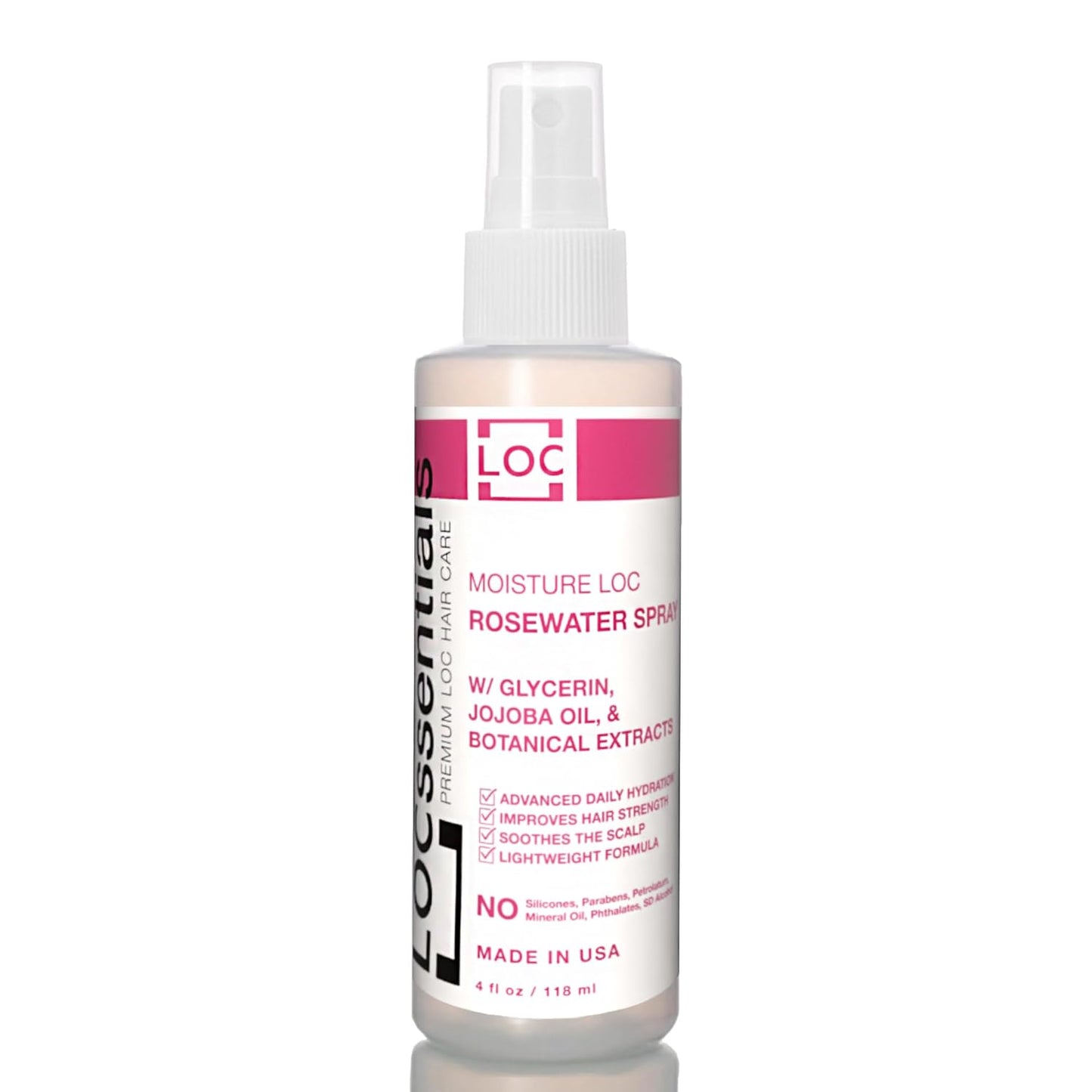 Bottle of rosewater spray for locs, braids, and protective styles.