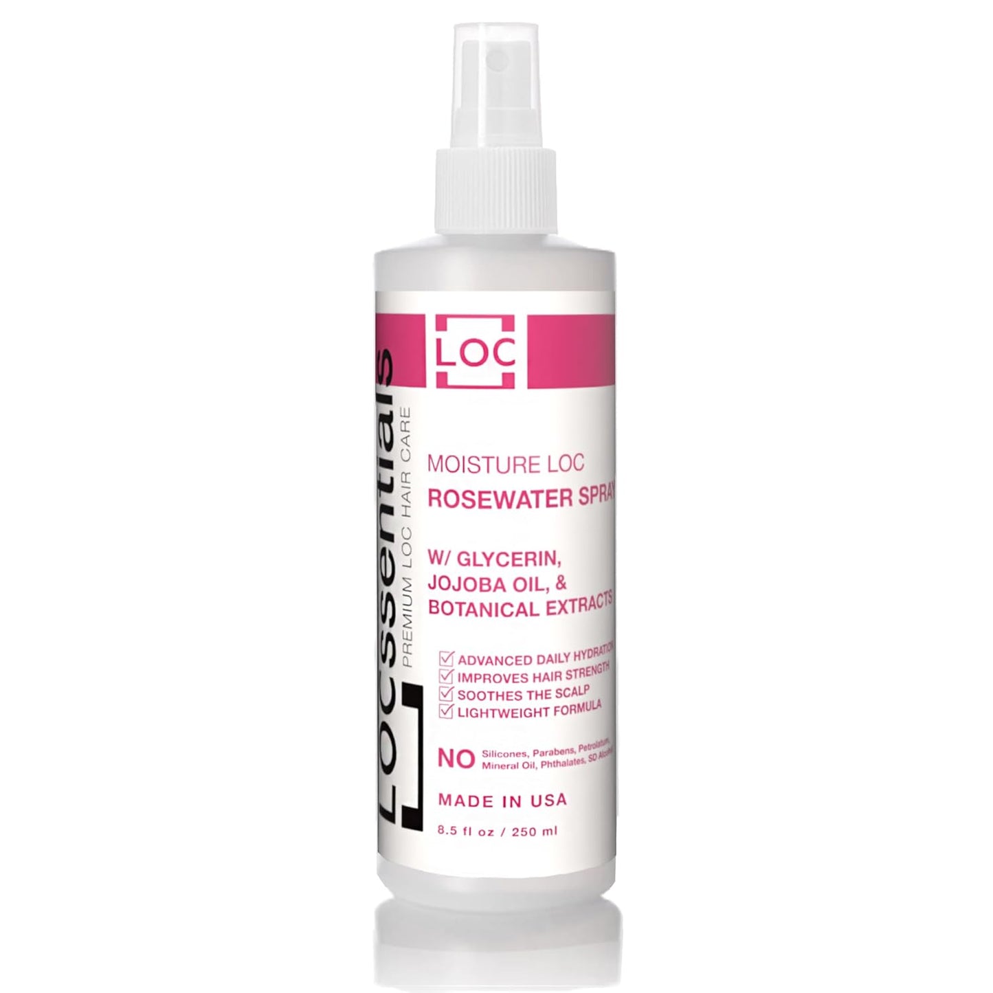 Bottle of rose water spray for locs, braids, and protective styles.