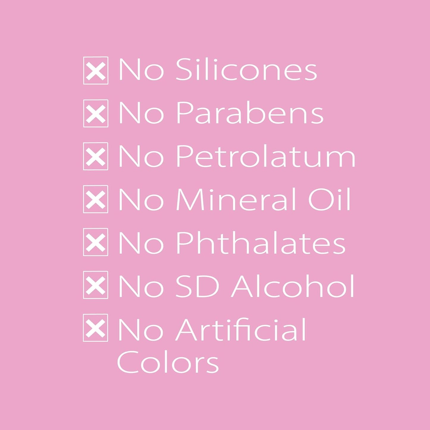 Graphic illustrating that rosewater spray for locs is free from silicones, parabens, petrolatum, mineral oil, phthalates, SD alcohol, and artificial colors.