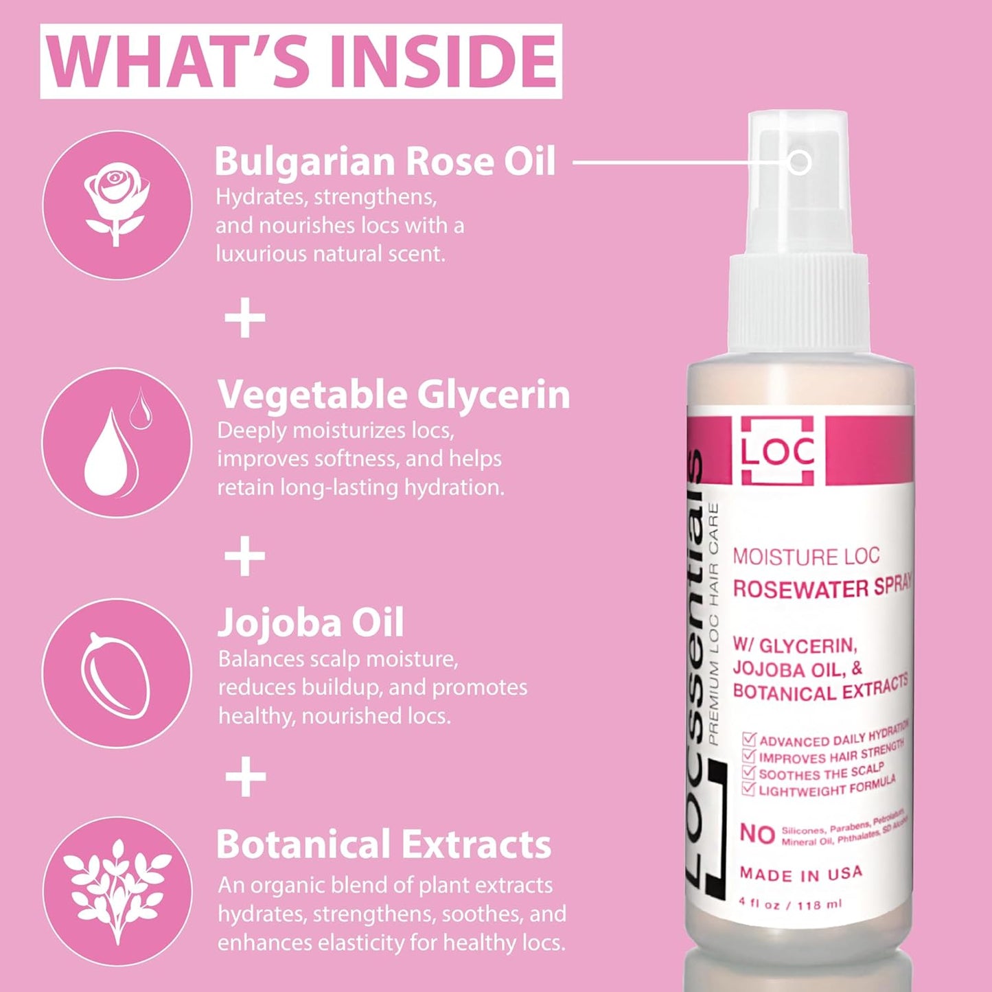 Key ingredients graphic for braid spray: Bulgarian rose oil, vegetable glycerin, jojoba oil, organic botanical extracts. 