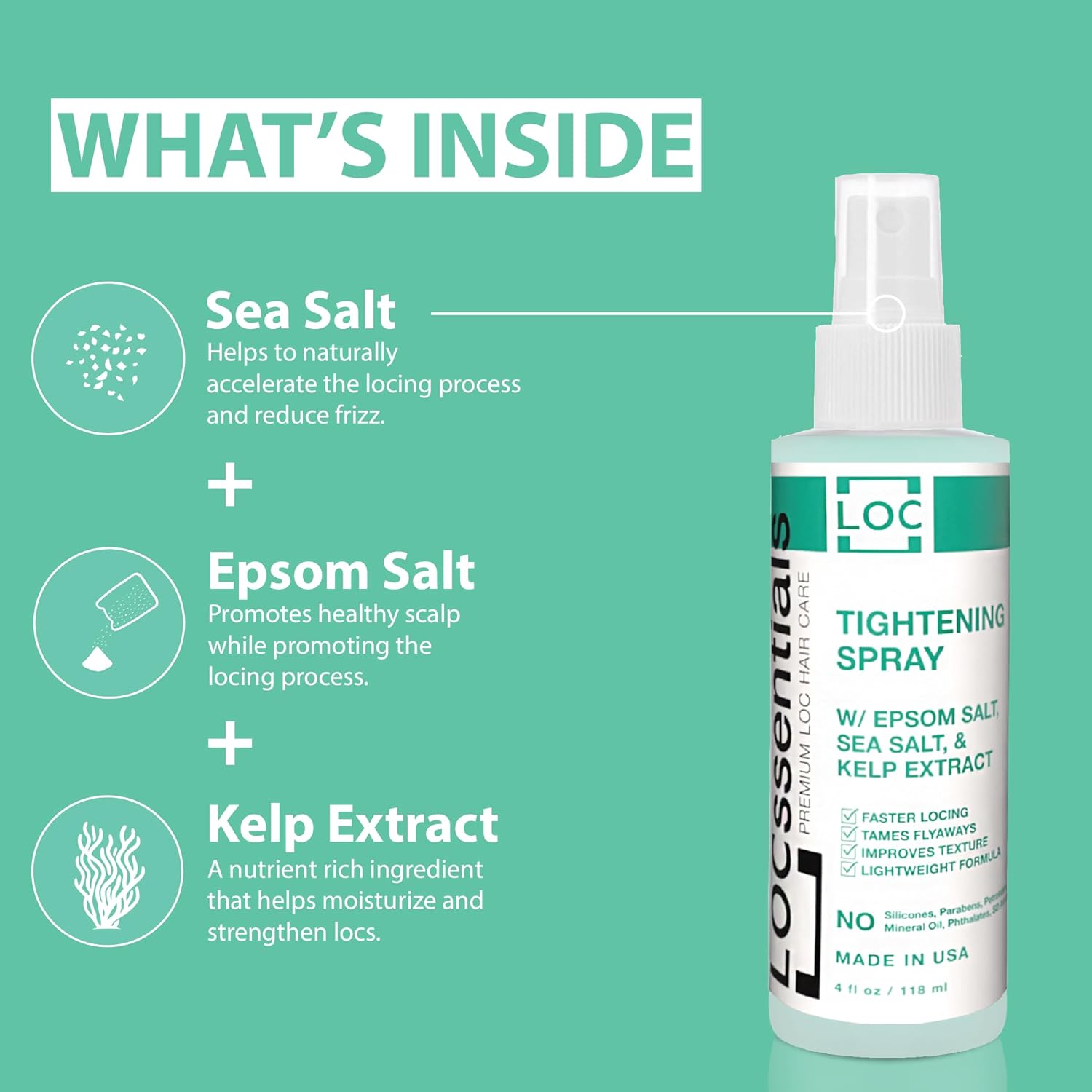 Key ingredients graphic for braid spray: sea salt, epsom salt, kelp extract.    