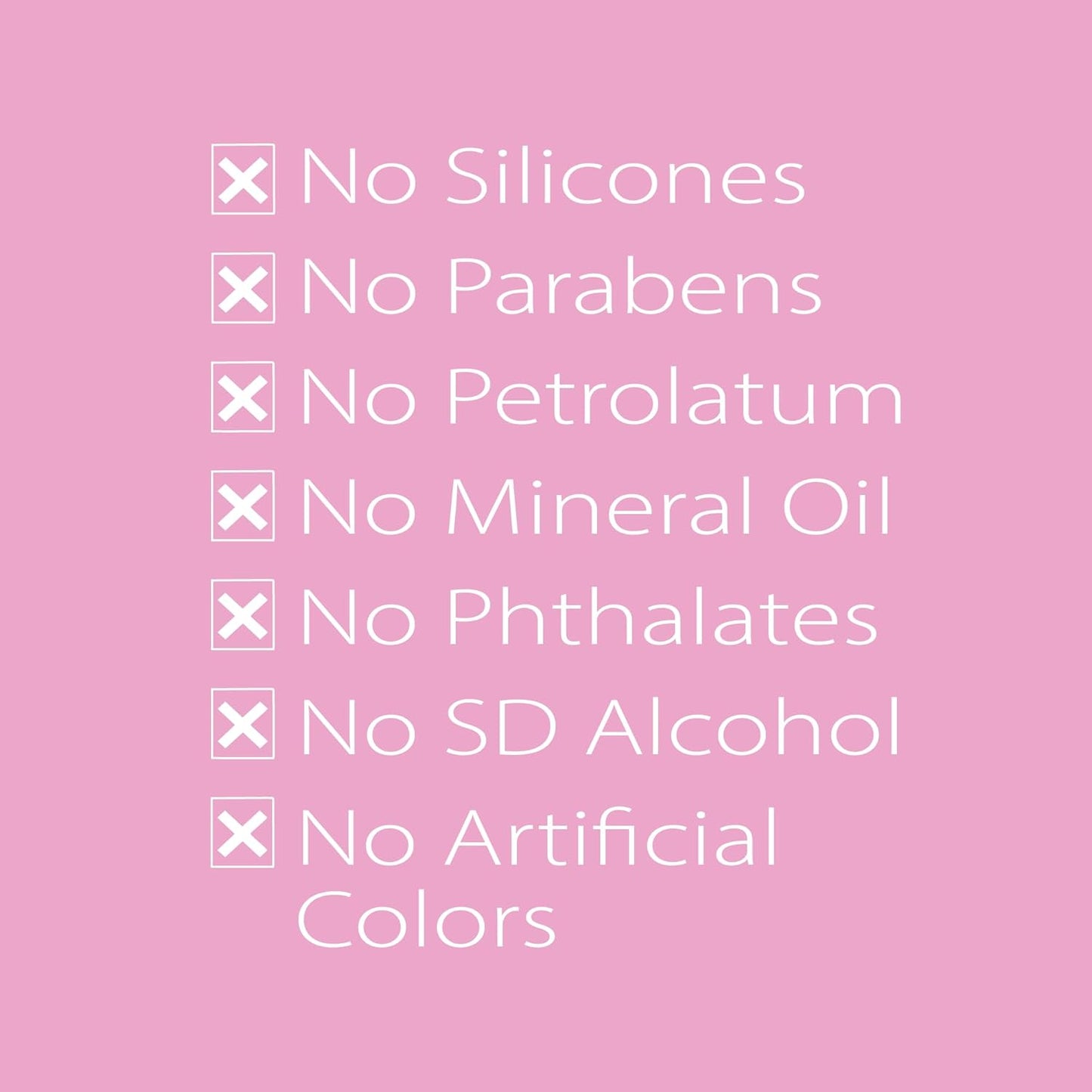 Graphic illustrating that rosewater spray for locs is free from silicones, parabens, petrolatum, mineral oil, phthalates, SD alcohol, and artificial colors. 