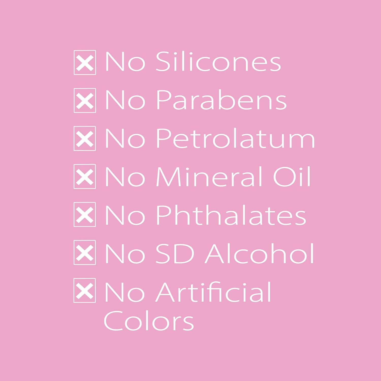 Graphic illustrating that rosewater spray for locs is free from silicones, parabens, petrolatum, mineral oil, phthalates, SD alcohol, and artificial colors. 