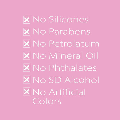 Graphic illustrating that rosewater spray for locs is free from silicones, parabens, petrolatum, mineral oil, phthalates, SD alcohol, and artificial colors. 