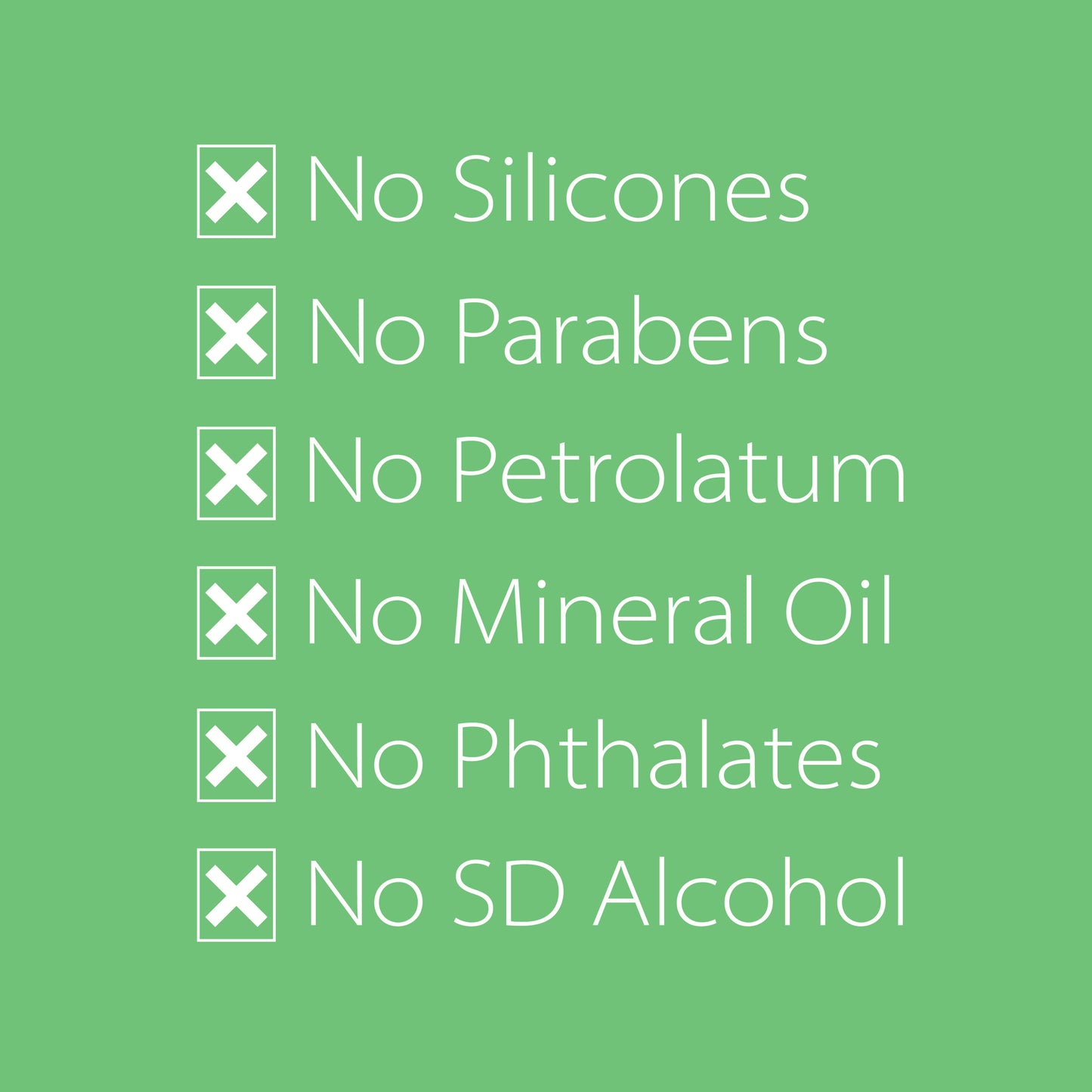 Graphic illustrating that loc shampoo is free from silicones, parabens, petrolatum, mineral oil, phthalates, and SD alcohol. 